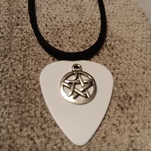 SILVER PENTAGRAM CHARMS ON WHITE GUITAR PICK NECKLACE & EARRINGS